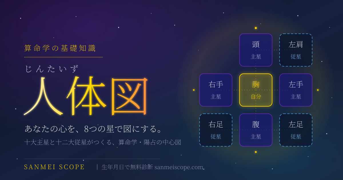 人体図とは — 頭・胸・腹・手足の9マスに8つの星を配置した算命学の陽占の中心図を描いたキービジュアル